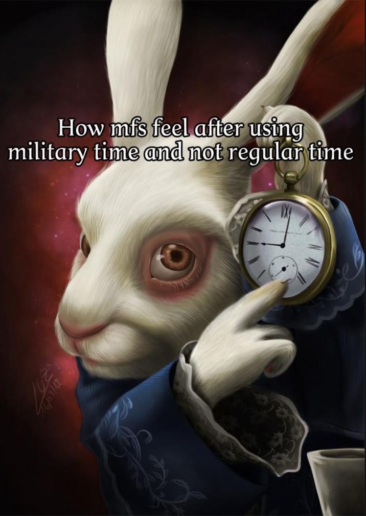 A "meme":https://knowyourmeme.com/memes/memes using the White Rabbit Pointing at a Clock artwork, sourced from a "TikTok":https://knowyourmeme.com/memes/sites/tiktok "photo slideshow":https://knowyourmeme.com/memes/sites/tiktok-photo-slideshows-photo-mode.