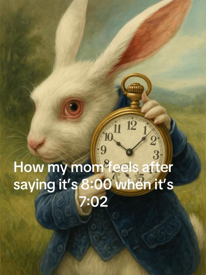 A "meme":https://knowyourmeme.com/memes/memes using the White Rabbit Pointing at a Clock artwork, sourced from a "TikTok":https://knowyourmeme.com/memes/sites/tiktok "photo slideshow":https://knowyourmeme.com/memes/sites/tiktok-photo-slideshows-photo-mode.
