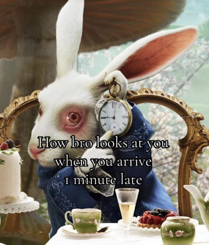 A "meme":https://knowyourmeme.com/memes/memes using the White Rabbit Pointing at a Clock artwork, sourced from a "TikTok":https://knowyourmeme.com/memes/sites/tiktok "photo slideshow":https://knowyourmeme.com/memes/sites/tiktok-photo-slideshows-photo-mode.