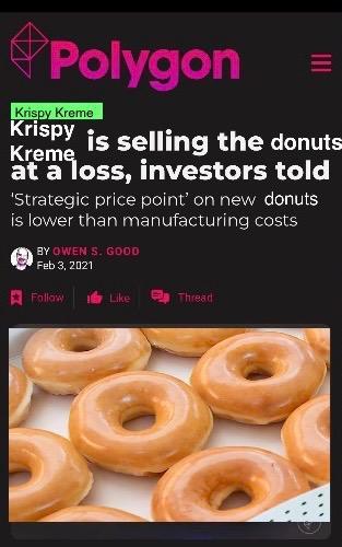 Polygon Krispy Kreme = Krispy is selling the donuts Kreme at a loss, investors told 'Strategic price point' on new donuts is lower than manufacturing costs BY OWEN S. GOOD Feb 3, 2021 Follow Like Thread