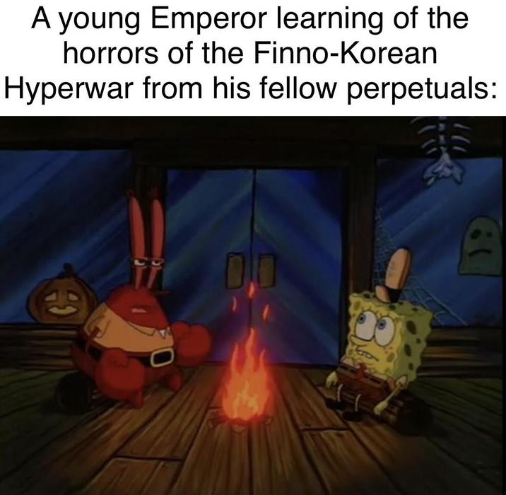 A young Emperor learning of the horrors of the Finno-Korean Hyperwar from his fellow perpetuals: