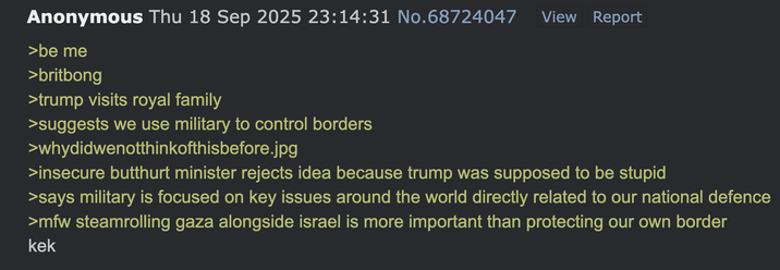 Anonymous Thu 18 Sep 2025 23:14:31 No.68724047 View Report >be me >britbong >trump visits royal family >suggests we use military to control borders >whydidwenotthinkofthisbefore.jpg >insecure butthurt minister rejects idea because trump was supposed to be stupid >says military is focused on key issues around the world directly related to our national defence >mfw steamrolling gaza alongside israel is more important than protecting our own border kek
