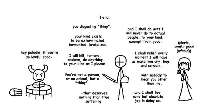 hey paladin. if you're so lawful good- fiend. you disgusting *thing*. your kind exists to be exterminated, tormented, brutalized. I will kill, torture, enslave, do anything to your kind as I please. You're not a person, or an animal, but a *thing*- - that deserves nothing than true suffering. and I shall do acts I will never do to actual people, to your kind, exempt from good. I shall relish every moment I will have as make you cry, beg, and scream, with nobody to hear you other than me, and I shall feel none but absolute joy in doing so. (cleric, lawful good (afraid))