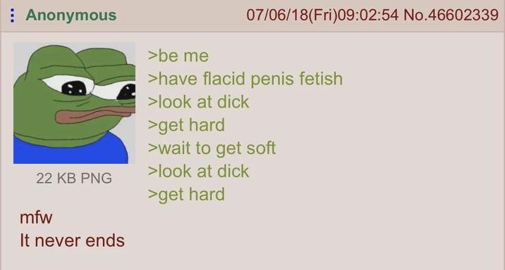 : Anonymous >be me 07/06/18(Fri)09:02:54 No.46602339 >have flacid penis fetish >look at d--- >get hard >wait to get soft 22 KB PNG >look at d--- >get hard mfw It never ends