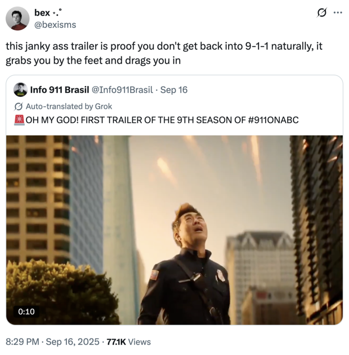 A "quote-tweet":https://knowyourmeme.com/memes/quote-retweets-qrts joking about the season 9 promotional trailer for ABC on Hulu's show _9-1-1_, in which a meteor shower rains down on the city.