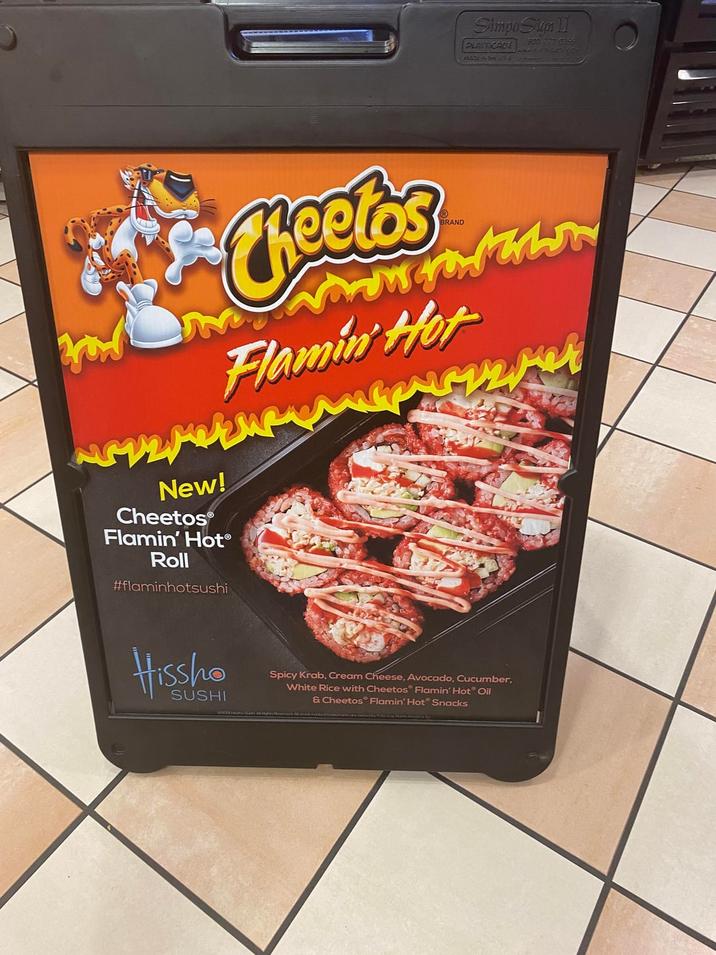 Cheetos BRAND Flamin' Hot New! Cheetos Flamin' HotⓇ Roll #flaminhotsushi Simpo Sim II PLASTICADE MADE IN THE USE 800 Hissho SUSHI Spicy Krab, Cream Cheese, Avocado, Cucumber. White Rice with Cheetos Flamin' Hot Oil & Cheetos Flamin' Hot Snacks