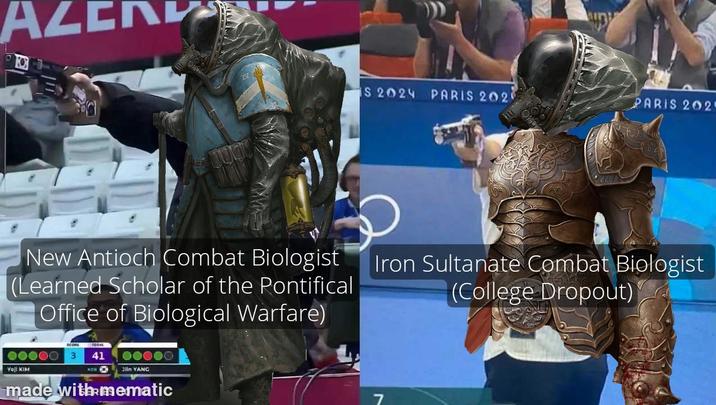ALE IS 2024 PARIS 202 PARIS 202 New Antioch Combat Biologist (Learned Scholar of the Pontifical Office of Biological Warfare) 00000 Yoji KIM SCORE TOTAL 3 41 ков 00000 Jin YANG made with mematic Iron Sultanate Combat Biologist (College Dropout)