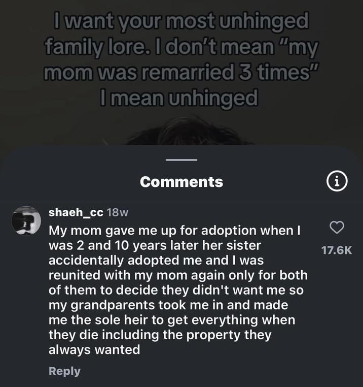 I want your most unhinged family lore. I don't mean "my mom was remarried 3 times" I mean unhinged Comments 1 shaeh_cc 18w My mom gave me up for adoption when I was 2 and 10 years later her sister accidentally adopted me and I was reunited with my mom again only for both of them to decide they didn't want me so my grandparents took me in and made me the sole heir to get everything when they die including the property they always wanted Reply 17.6K