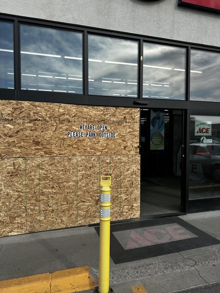 WE ARE OPEN PLEASE PARK OUTSIDE brush with greatness AG SUPPLY CO ACE STAND CLEAR AUTOMATIC DOOR