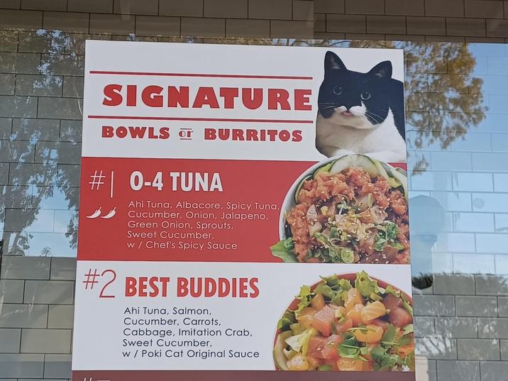 SIGNATURE BOWLS or BURRITOS #| 0-4 TUNA Ahi Tuna, Albacore, Spicy Tuna, Cucumber, Onion, Jalapeno, Green Onion, Sprouts, Sweet Cucumber, w/ Chef's Spicy Sauce #2 BEST BUDDIES Ahi Tuna, Salmon, Cucumber, Carrots, Cabbage, Imitation Crab, Sweet Cucumber, w/ Poki Cat Original Sauce