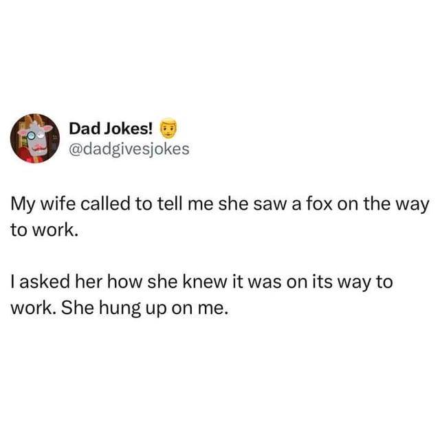 Dad Jokes! ⑮ @dadgivesjokes My wife called to tell me she saw a fox on the way to work. I asked her how she knew it was on its way to work. She hung up on me.