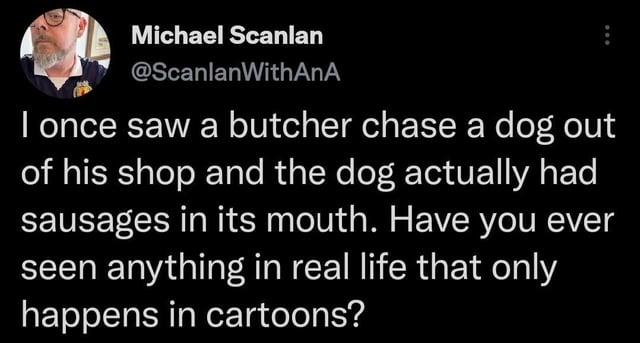 Michael Scanlan @ScanlanWithAnA I once saw a butcher chase a dog out of his shop and the dog actually had sausages in its mouth. Have you ever seen anything in real life that only happens in cartoons?