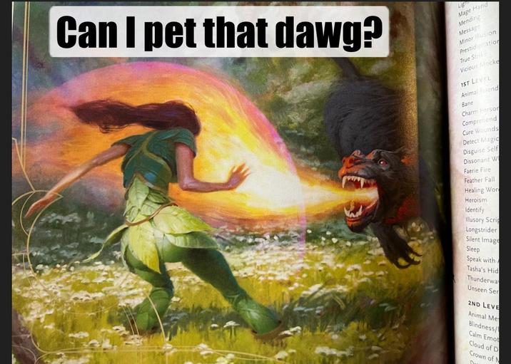 Can I pet that dawg? Ligh Mage Hand Mending Message Minor Illusion Prestidigitation True Strike Vicious Mocke 1ST LEVEL Animal Friend Bane Charm Person Comprehend Cure Wounds Detect Magic Disguise Self Dissonant W Faerie Fire Feather Fall Healing Wor Heroism Identify Illusory Scrip Longstrider Silent Image Sleep Speak with Tasha's Hid Thunderway Unseen Ser 2ND LEVE Animal Me Blindness/ Calm Emot Cloud of D Crown of M