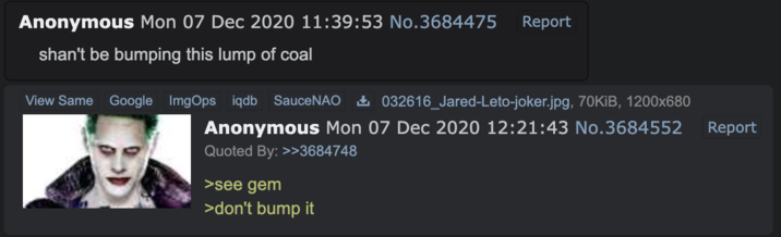 An early example of the word "coal" being used to describe a bad post on 4chan's /qa/ board in December 2020. The word "coal" was used to describe low-quality posts that received the disapproval of the wider Soyjak.party community. 