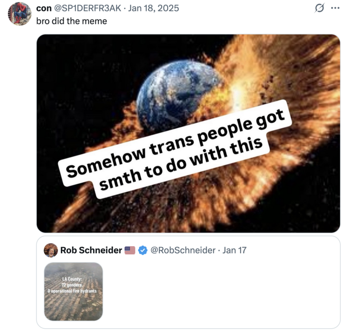 January 18th, 2025 tweet by @SP1DERFR3AK X user @SP1DERFR3AK reposted the "Somehow Trans People Got Smth To Do With This" meme in response to Rob Schneider posting, "72 genders, 0 operational fire hydrants." The post gathered over 200,000 likes in eight months.
