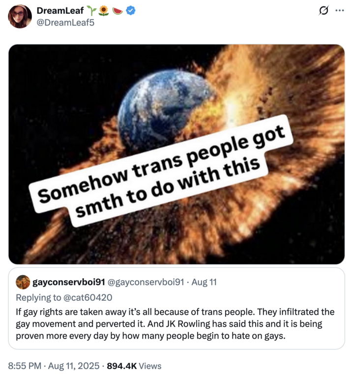 August 11th, 2025 tweet by @DreamLeaf5 X user @DreamLeaf5 tweeted the "Somehow Trans People Got Smth To Do With This" meme in response to a post that read, "If gay rights are taken away it’s all because of trans people. They infiltrated the gay movement and perverted it. And JK Rowling has said this and it is being proven more every day by how many people begin to hate on gays."