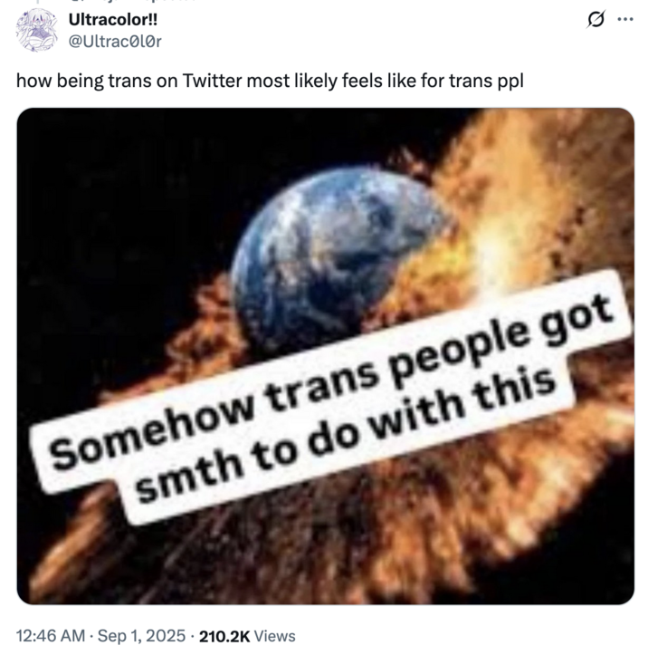 September 1st, 2025 tweet by @rojamdane X user @rojamdane tweeted, "how being trans on Twitter most likely feels like for trans ppl," alongside a repost of the "Somehow Trans People Got Smth To Do With This" meme.
