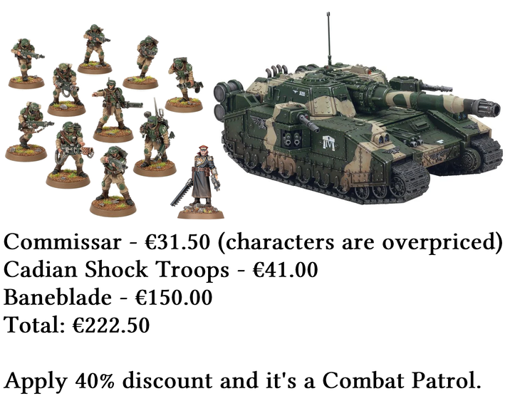 6 36205 M - Commissar €31.50 (characters are overpriced) Cadian Shock Troops - €41.00 Baneblade - €150.00 Total: €222.50 Apply 40% discount and it's a Combat Patrol.