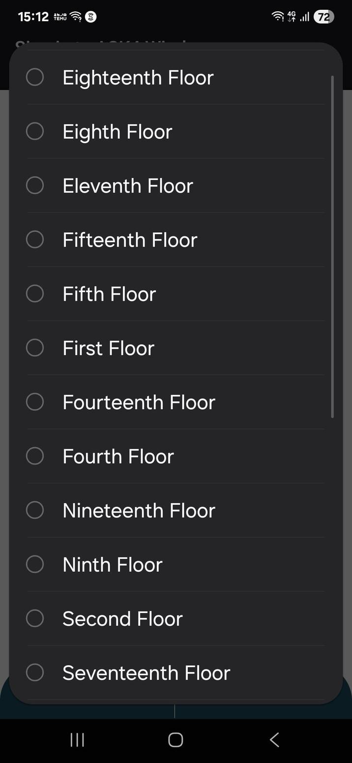 15:12 EMU S ○ Eighteenth Floor Eighth Floor Eleventh Floor Fifteenth Floor Fifth Floor First Floor Fourteenth Floor Fourth Floor ○ Nineteenth Floor Ninth Floor Second Floor Seventeenth Floor ||| < ll 72