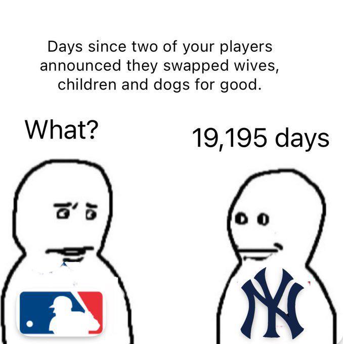 Days since two of your players announced they swapped wives, children and dogs for good. What? 19,195 days N