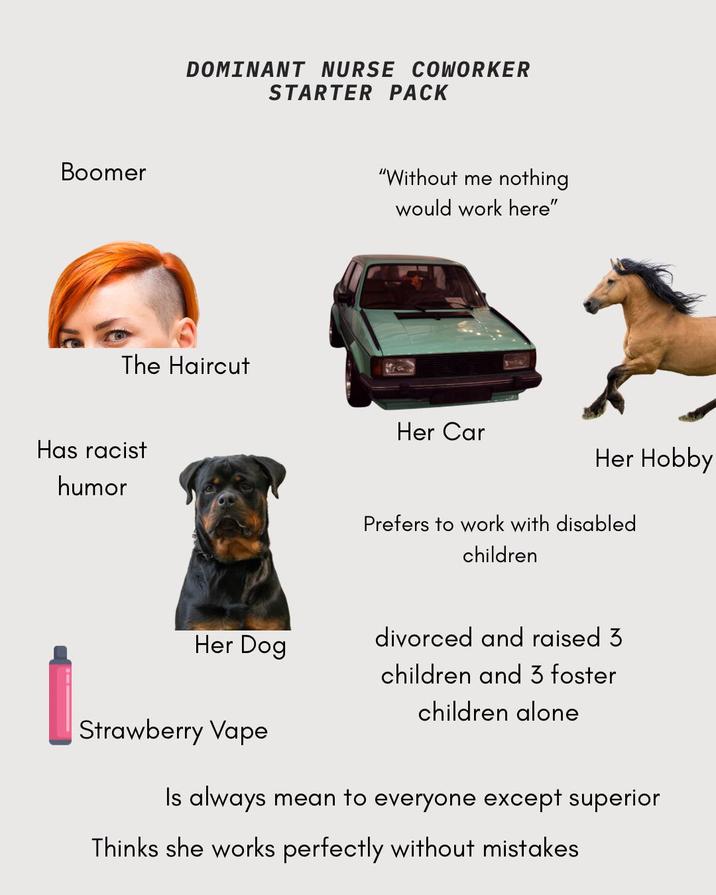 Boomer DOMINANT NURSE COWORKER STARTER PACK The Haircut Has racist humor "Without me nothing would work here" Her Car Her Hobby Prefers to work with disabled children Her Dog divorced and raised 3 children and 3 foster children alone Strawberry Vape Is always mean to everyone except superior Thinks she works perfectly without mistakes