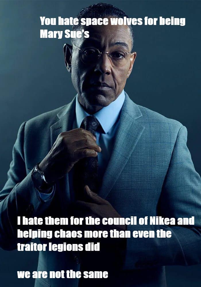 You hate space wolves for being Mary Sue's I hate them for the council of Nikea and helping chaos more than even the traitor legions did we are not the same