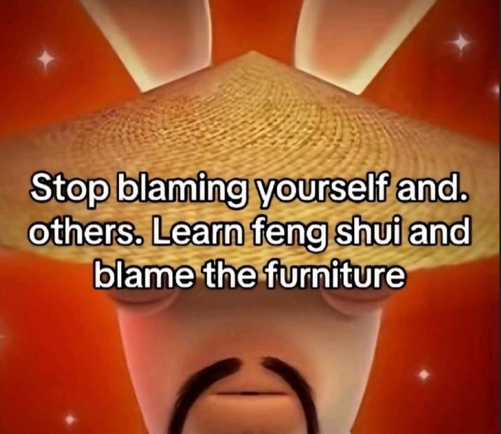Stop blaming yourself and. others. Learn feng shui and blame the furniture