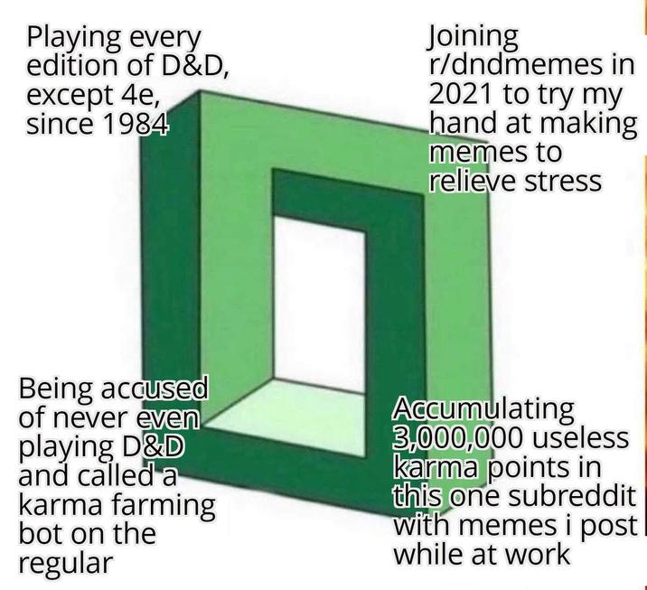 Playing every edition of D&D, except 4e, since 1984 Joining r/dndmemes in 2021 to try my hand at making memes to relieve stress Being accused of never even playing D&D and called a karma farming bot on the regular Accumulating 3,000,000 useless karma points in this one subreddit with memes i post while at work