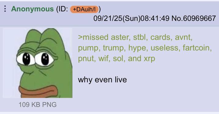 ⠀ Anonymous (ID: +DAuih/I) 09/21/25(Sun)08:41:49 No.60969667 109 KB PNG >missed aster, stbl, cards, avnt, pump, trump, hype, useless, fartcoin, pnut, wif, sol, and xrp why even live
