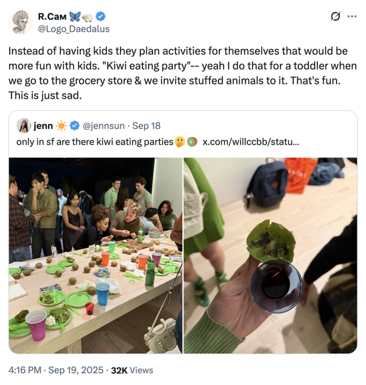X user @Logo_Daedalus tweeted, "Instead of having kids they plan activities for themselves that would be more fun with kids. "Kiwi eating party"-- yeah I do that for a toddler when we go to the grocery store & we invite stuffed animals to it. That's fun. This is just sad."