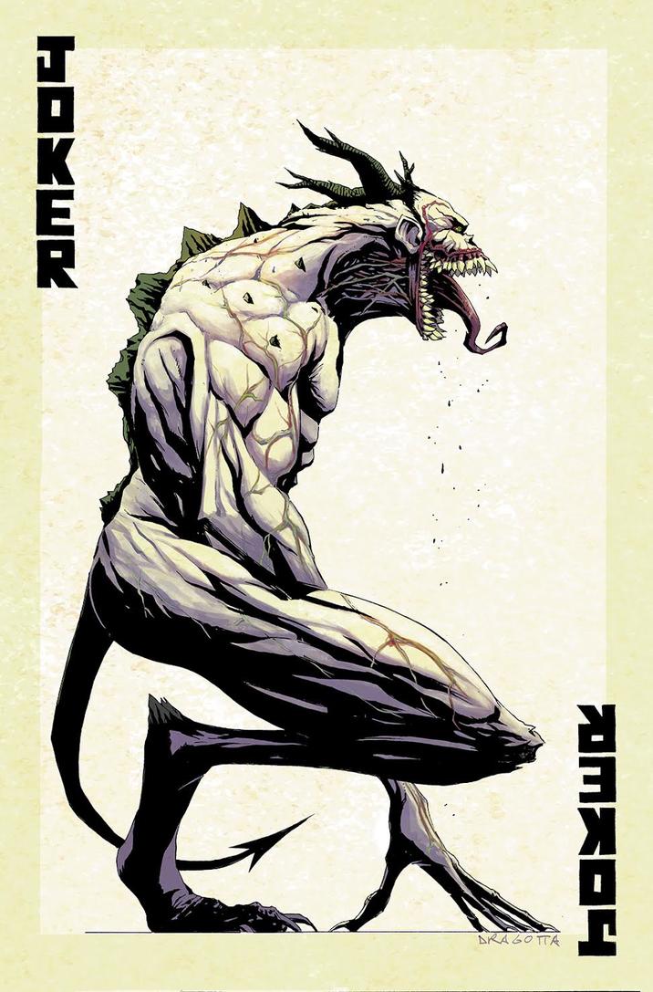 Joker-card themed artwork depicting "Absolute Joker," a reptilian hybrid creature set to face off against Absolute Batman in the DC Comics series. 