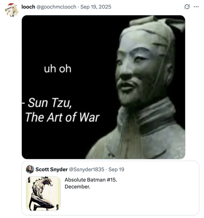 X user @goochmclooch tweeted a meme that showed Sun Tsu, author of the book, "The Art Of War," saying "Uh Oh." The post gathered over 40,000 likes in three days.