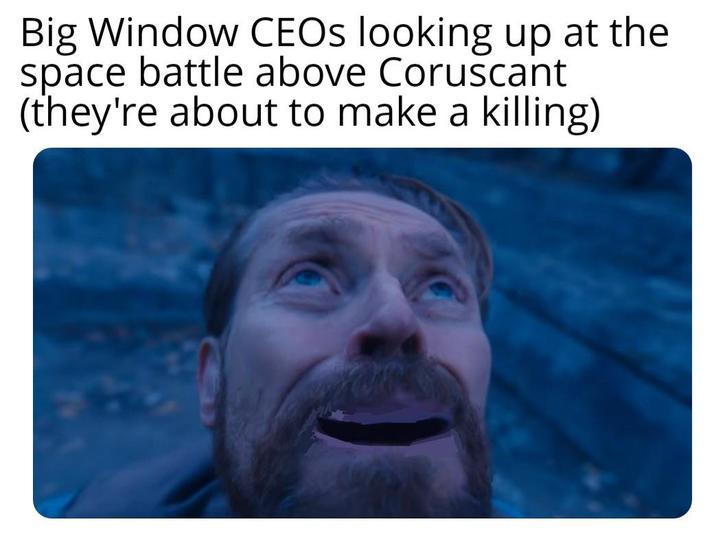 Big Window CEOs looking up at the space battle above Coruscant (they're about to make a killing)