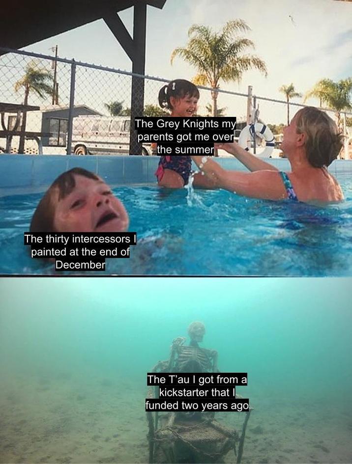 The thirty intercessors I painted at the end of December The Grey Knights my parents got me over the summer The T'au I got from a kickstarter that funded two years ago