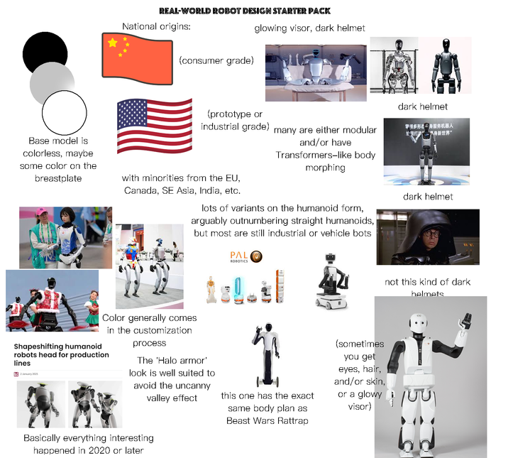 REAL-WORLD ROBOT DESIGN STARTER PACK National origins: (consumer grade) glowing visor, dark helmet (prototype or industrial grade) many are either modular dark helmet 擎明多形态一身服务机器人 於同打法界身新世界” Base model is colorless, maybe some color on the breastplate with minorities from the EU, Canada, SE Asia, India, etc. and/or have Transformers-like body morphing lots of variants on the humanoid form, arguably outnumbering straight humanoids, but most are still industrial or vehicle bots PALO ROBOTICS dark helmet not this kind of dark helmets Color generally comes in the customization Shapeshifting humanoid robots head for production lines 2 January 2025 process The 'Halo armor' look is well suited to avoid the uncanny valley effect *** Basically everything interesting happened in 2020 or later this one has the exact same body plan as Beast Wars Rattrap (sometimes you get eyes, hair, and/or skin, or a glowy i visor) السبية
