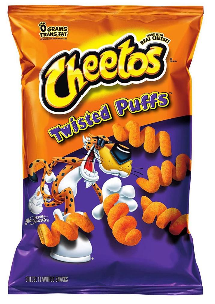 CHESTER CHEETATTO 8 GRAMS TRANS FAT SEE NUTRITION FACTS FOR SATURATED SAT INF MADE WITH REAL CHEESE! Twisted Puffs CHEESE FLAVORED SNACKS BRAND