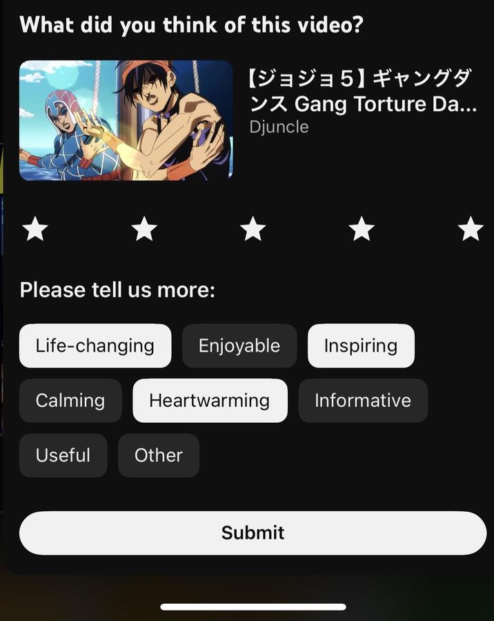 What did you think of this video? 【ジョジョ5】 ギャングダ > Gang Torture Da... Djuncle Please tell us more: Life-changing Enjoyable Inspiring Heartwarming Informative Calming Useful Other Submit