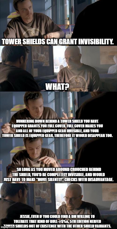 TOWER SHIELDS CAN GRANT INVISIBILITY. WHAT? HUNKERING DOWN BEHIND A TOWER SHIELD YOU HAVE EQUIPPED GRANTS YOU FULL COVER. FULL COVER MAKES YOU AND ALL OF YOUR EQUIPPED GEAR INVISIBLE, AND YOUR TOWER SHIELD IS EQUIPPED GEAR, THEREFORE IT WOULD DISAPPEAR TOO. SO LONG AS YOU MOVED AROUND CROUCHED BEHIND THE SHIELD, YOU'D BE COMPLETELY INVISIBLE, AND WOULD JUST HAVE TO MAKE "MOVE SILENTLY" CHECKS WITH DISADVANTAGE. JESSIE, EVEN IF YOU COULD FIND A DM WILLING TO TOLERATE THAT KIND OF BULL-#$%&, 5TH EDITION NERFED imgutip.com SHIELDS OUT OF EXISTENCE WITH THE OTHER SHIELD VARIANTS.