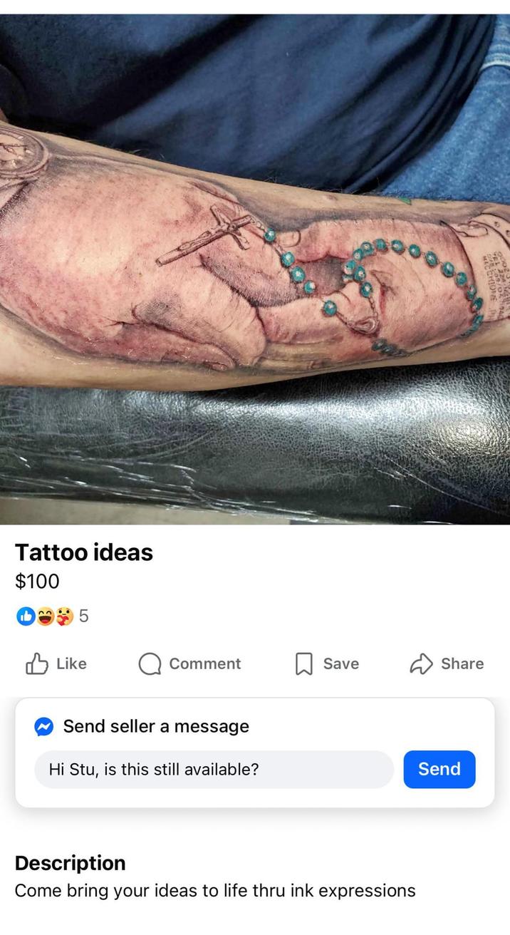Tattoo ideas $100 33 +5 ✓ Like Comment Save Share Send seller a message Hi Stu, is this still available? Description Come bring your ideas to life thru ink expressions Send