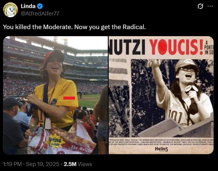 A version of the "killed the moderate" meme. The meme is about Emily Youcis.