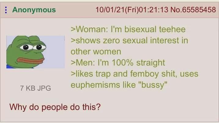 Anonymous 7 KB JPG 10/01/21(Fri)01:21:13 No.65585458 >Woman: I'm bisexual teehee >shows zero sexual interest in other women >Men: I'm 100% straight >likes trap and femboy s---, uses euphemisms like "bussy" Why do people do this?