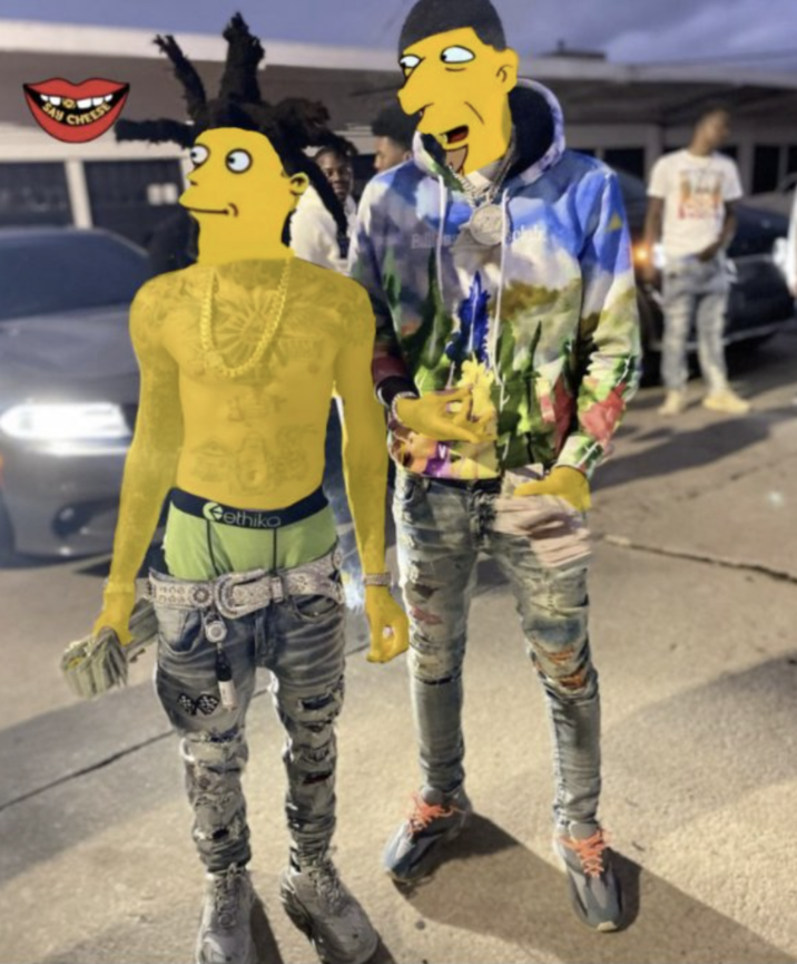 The main "meme":https://knowyourmeme.com/memes/memes image in the On Sneednem meme, showing "rappers":https://knowyourmeme.com/memes/cultures/rap-hip-hop "SpotemGottem":https://knowyourmeme.com/memes/people/spotemgottem and Pooh Shiesty as the "_Simpsons_":https://knowyourmeme.com/memes/subcultures/the-simpsons characters from the "Sneed's Feed and Seed":https://knowyourmeme.com/memes/sneeds-feed-and-seed scene.