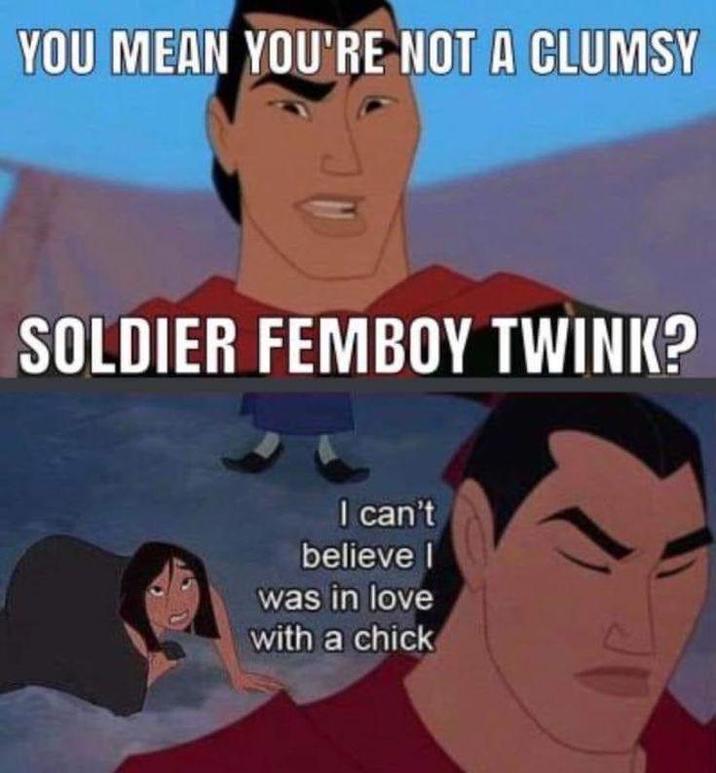 YOU MEAN YOU'RE NOT A CLUMSY SOLDIER FEMBOY TWINK? I can't believe I was in love with a chick