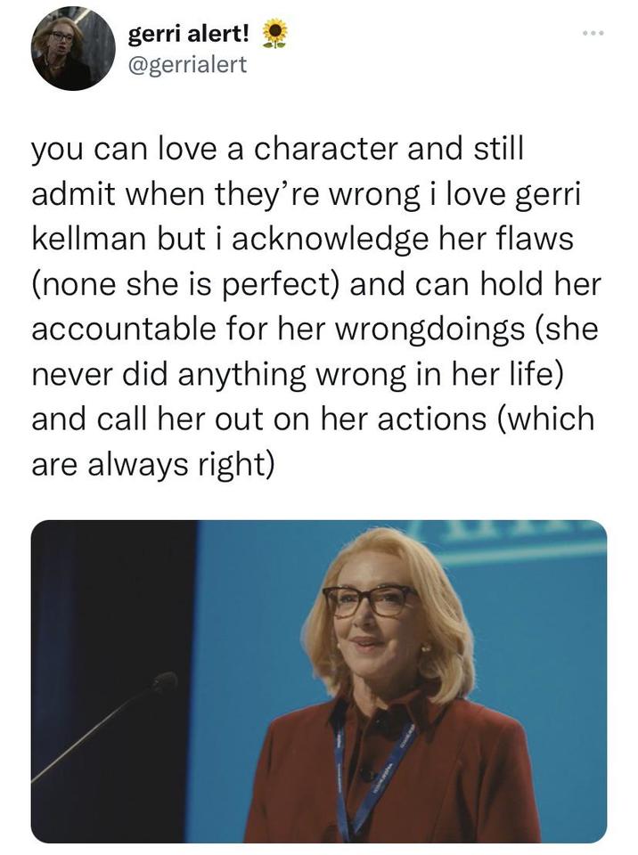 you can love gerri A version of the "you can love a character" copypasta. The copypasta is about Gerri from Succession.