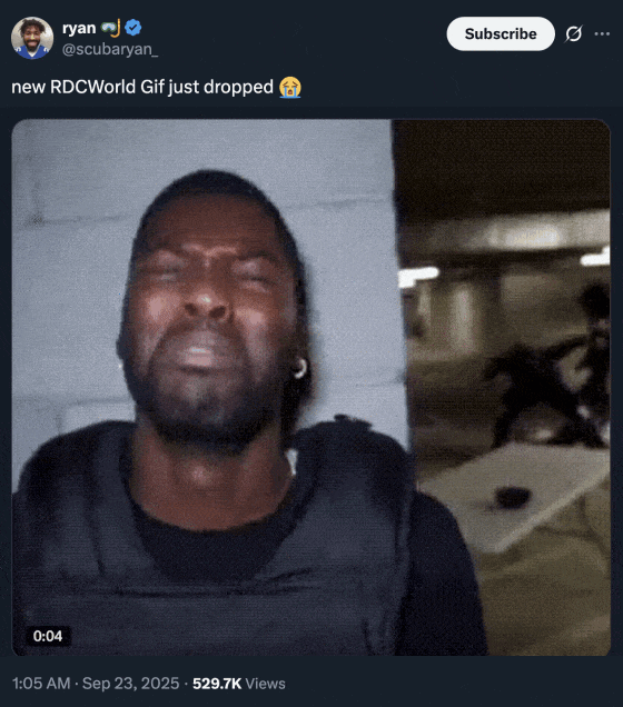 new RDCWorld Gif just dropped 😭 A "tweet":https://knowyourmeme.com/memes/sites/twitter-x using the "GIF":https://knowyourmeme.com/memes/cultures/gif of a black male security guard crying and acting scared as a man is seen in the background getting beaten up, or jumped, by other men. The GIF was originally shared as a "viral video":https://knowyourmeme.com/memes/viral-videos on "Twitter / X":https://knowyourmeme.com/memes/sites/twitter-x by RDCWorld member Mark Phillips.