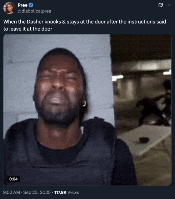 When the Dasher knocks & stays at the door after the instructions said to leave it at the door A "tweet":https://knowyourmeme.com/memes/sites/twitter-x using the "GIF":https://knowyourmeme.com/memes/cultures/gif of a black male security guard crying and acting scared as a man is seen in the background getting beaten up, or jumped, by other men. The GIF was originally shared as a "viral video":https://knowyourmeme.com/memes/viral-videos on "Twitter / X":https://knowyourmeme.com/memes/sites/twitter-x by RDCWorld member Mark Phillips.