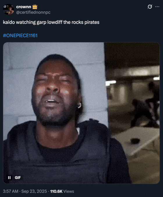 kaido watching garp lowdiff the rocks pirates #ONEPIECE1161 3:57 AM · Sep 23, 2025 · 110.6K Views crownn 👑 @certifiednonnp A "tweet":https://knowyourmeme.com/memes/sites/twitter-x using the "GIF":https://knowyourmeme.com/memes/cultures/gif of a black male security guard crying and acting scared as a man is seen in the background getting beaten up, or jumped, by other men. The GIF was originally shared as a "viral video":https://knowyourmeme.com/memes/viral-videos on "Twitter / X":https://knowyourmeme.com/memes/sites/twitter-x by RDCWorld member Mark Phillips.