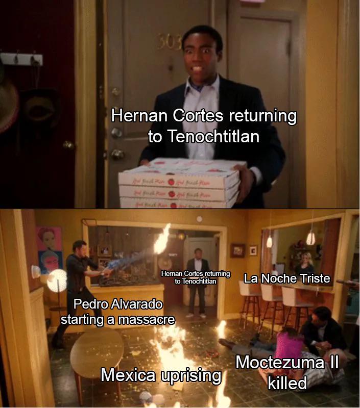 303 Hernan Cortes returning to Tenochtitlan 2 Pedro Alvarado Hernan Cortes returning La Noche Triste starting a massacre to Tenochtitlan Moctezuma II Mexica uprising killed