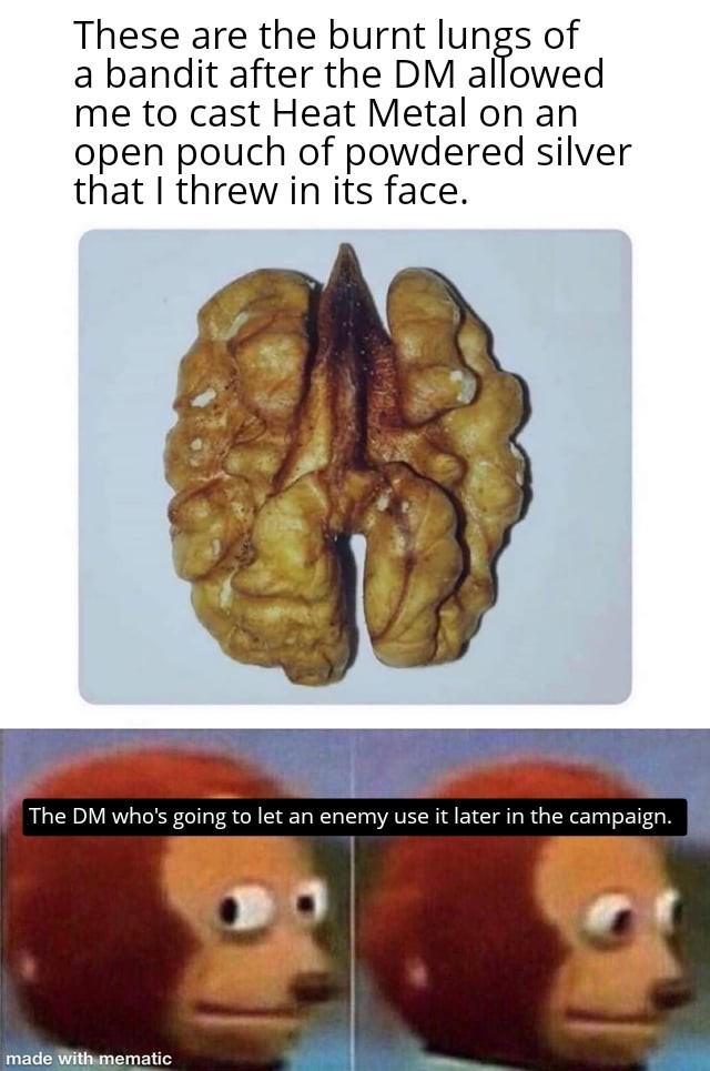 These are the burnt lungs of a bandit after the DM allowed me to cast Heat Metal on an open pouch of powdered silver that I threw in its face. The DM who's going to let an enemy use it later in the campaign. made with mematic