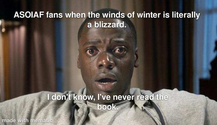 ASOIAF fans when the winds of winter is literally a blizzard. I don't know, I've never read the book. made with mematic